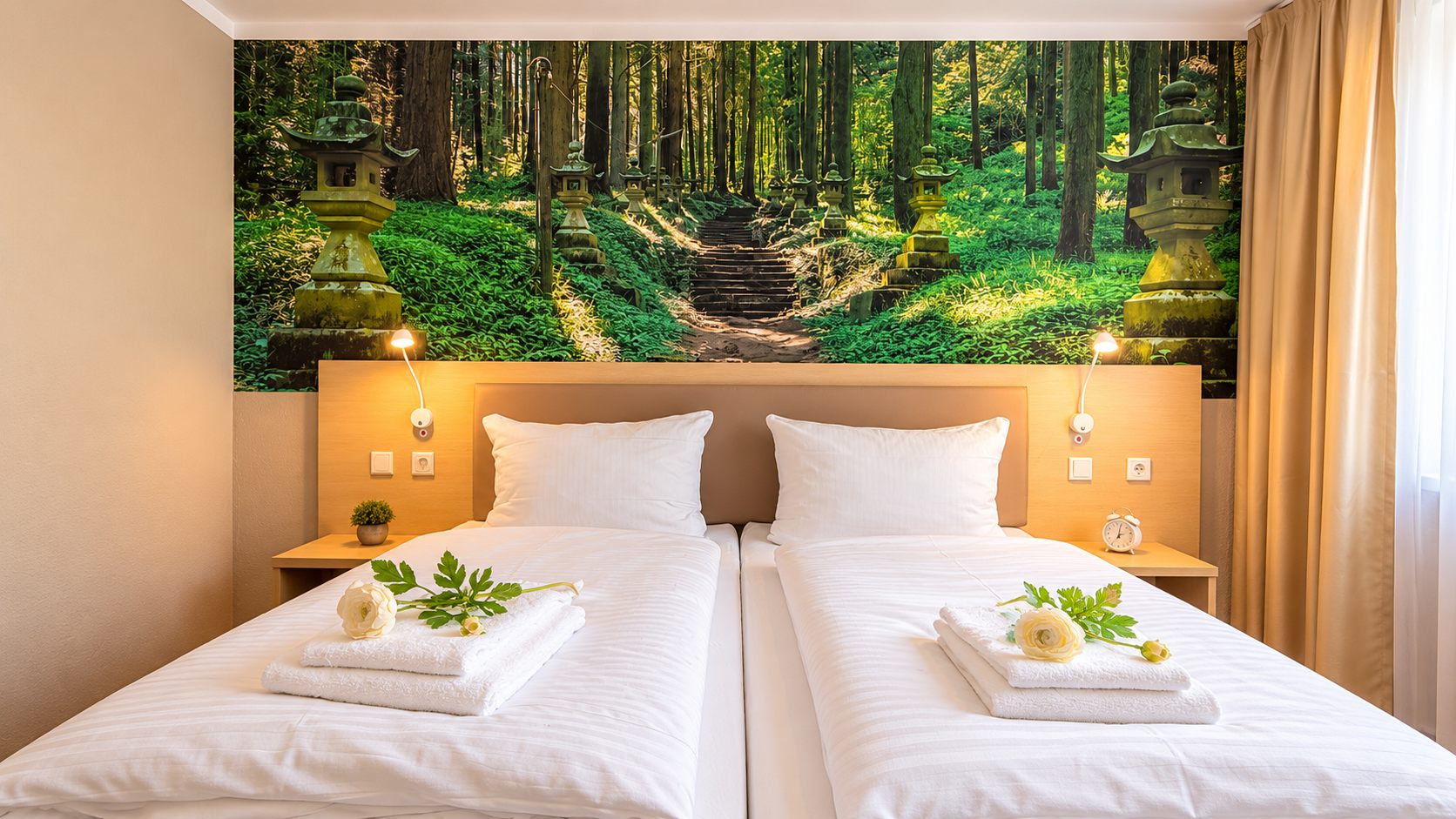 Doppelzimmer mit Boxspringbett und Waldtapete im 7o'Clock Hotel Laatzen