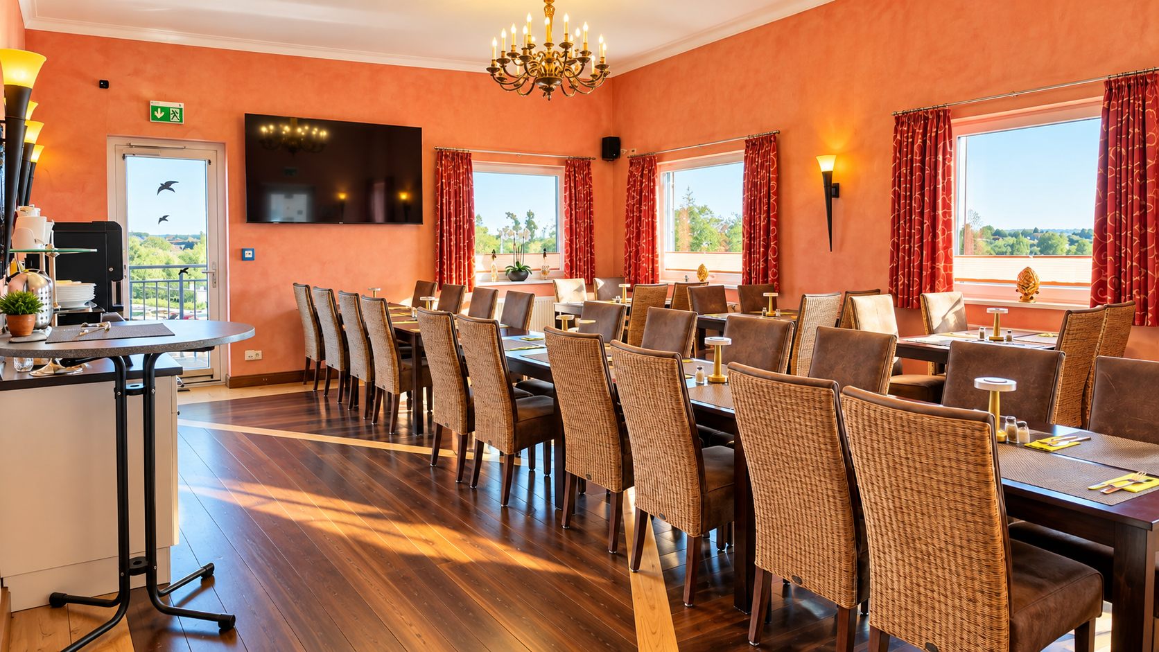Frühstücksraum mit Holzmöbeln und Lüster