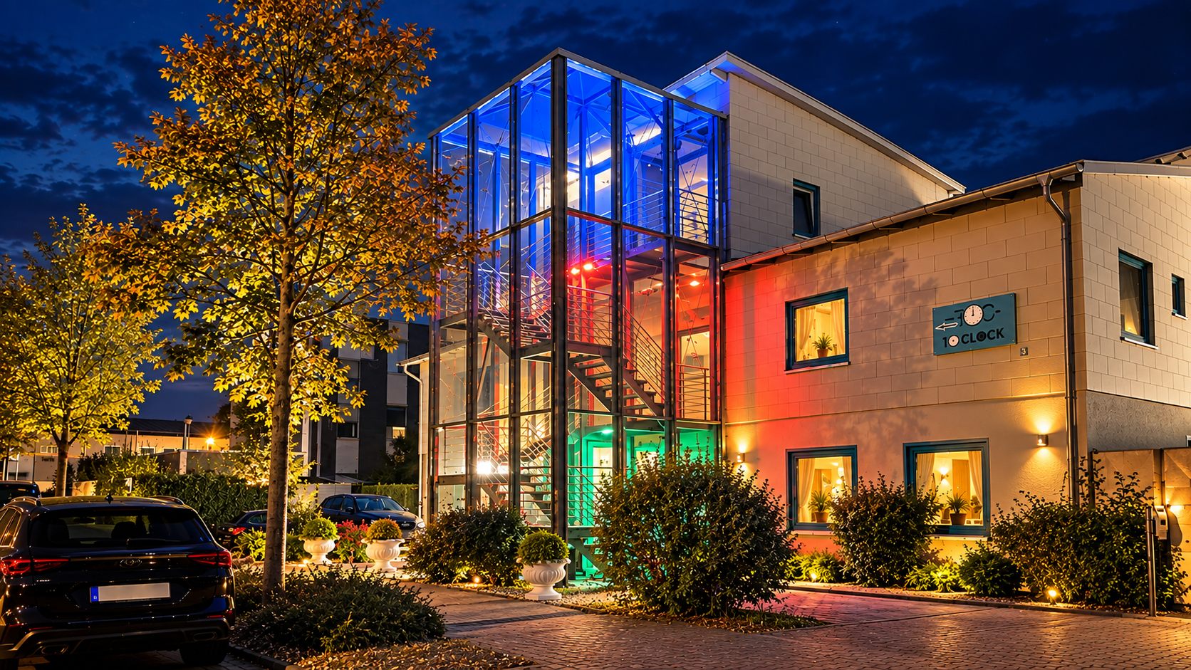 7o'Clock Hotel in Laatzen bei Hannover am Abend, beleuchtetes Treppenhaus aus Glas mit Parkplatz