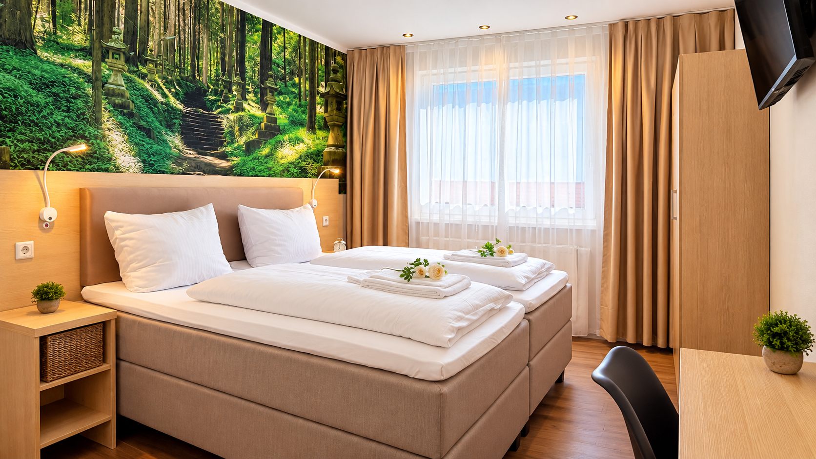 Doppelzimmer mit Bett, Schreibtisch und Parkettboden